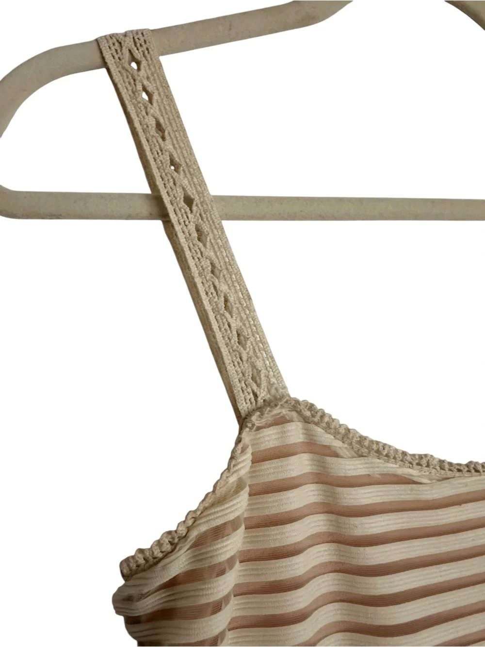 FREE PEOPLE Sheer Striped Crochet Trim Babydoll Dress Size M Beige Cream Mini